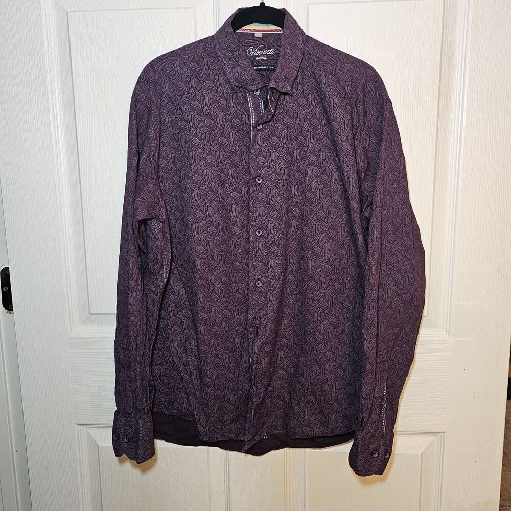 Visconti Mens Purple Paisley Print Long-sleeve Button Down Shirt Large